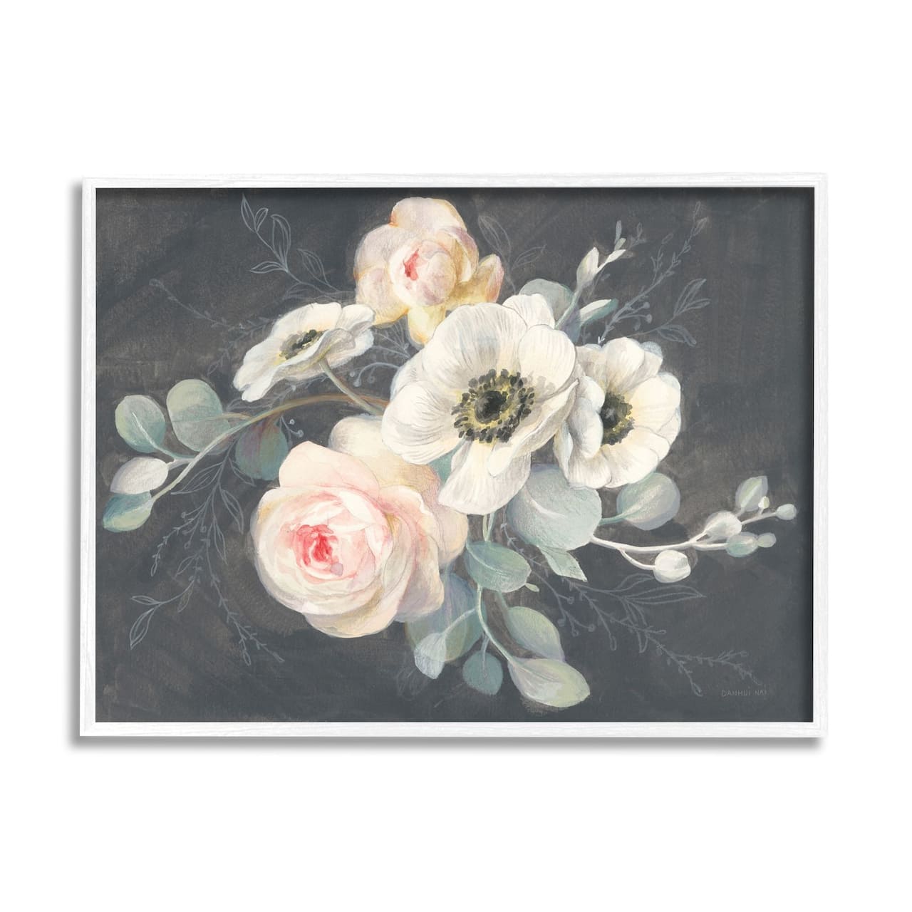 Stupell Industries Rose Anemones Flowers Chalk Pink Black Design Framed Wall Art